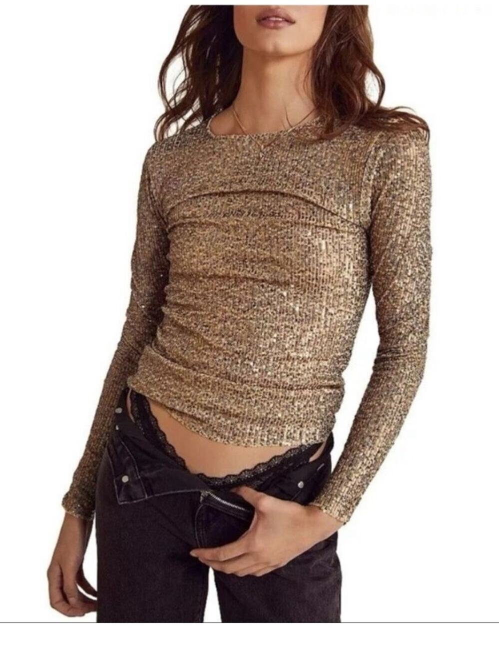Intimately Free People | Gold Rush Long Sleeve Sequin Top Blouse Party Glam XS